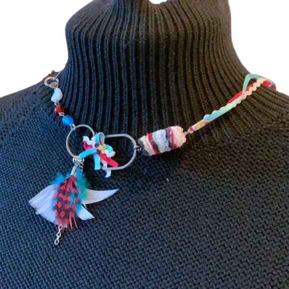 Handmade - Multicolor Ribbons beads Necklace - feathers- short - Picture 7 of 7